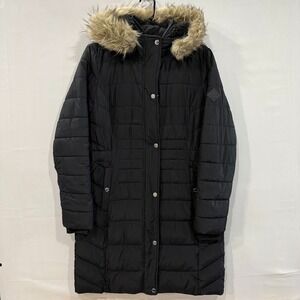 Hollister Puffer Parka Jacket Women's M Black Faux Fur Hood Long Coat